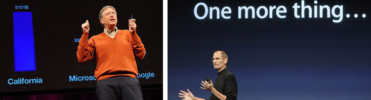 Bill Gates en Steve Jobs presenteren altijd met een zwarte achtergrond