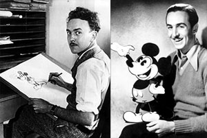 Een corporate story - Links Ub Iwerks tekent Mickey Mouse, rechts Walt Disney