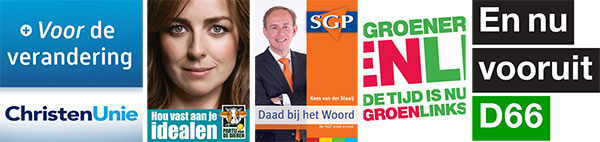 Campagne posters van ChristenUnie, Partij voor de Dieren, SGP, GroenLinks en D66